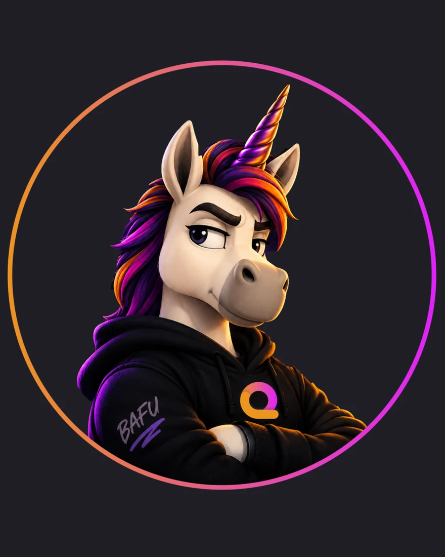 Quarqie, the QuarqAI unicorn, in a black QuarqAI hoodie with arms crossed